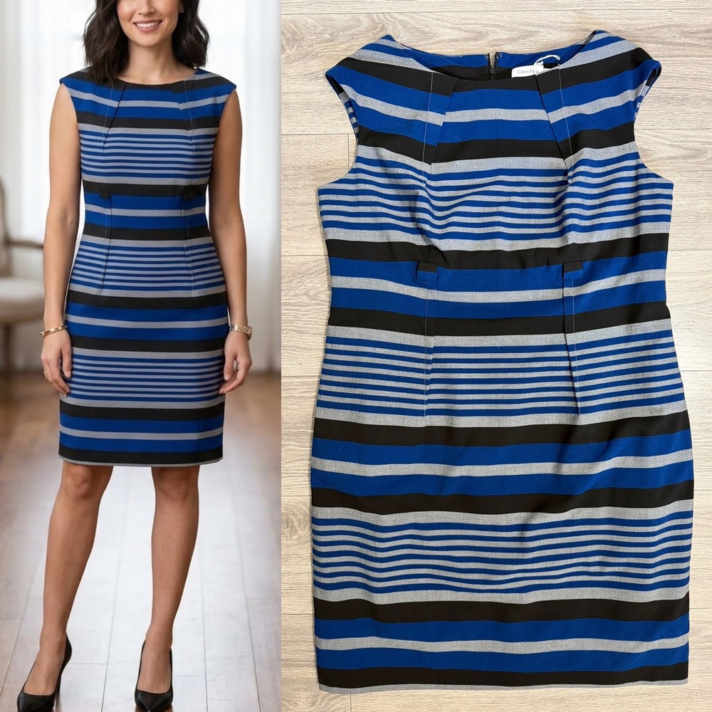 Calvin Klein Dress 16W Blue Black Striped Sleeveless Sheath‎ Boat Neck Office